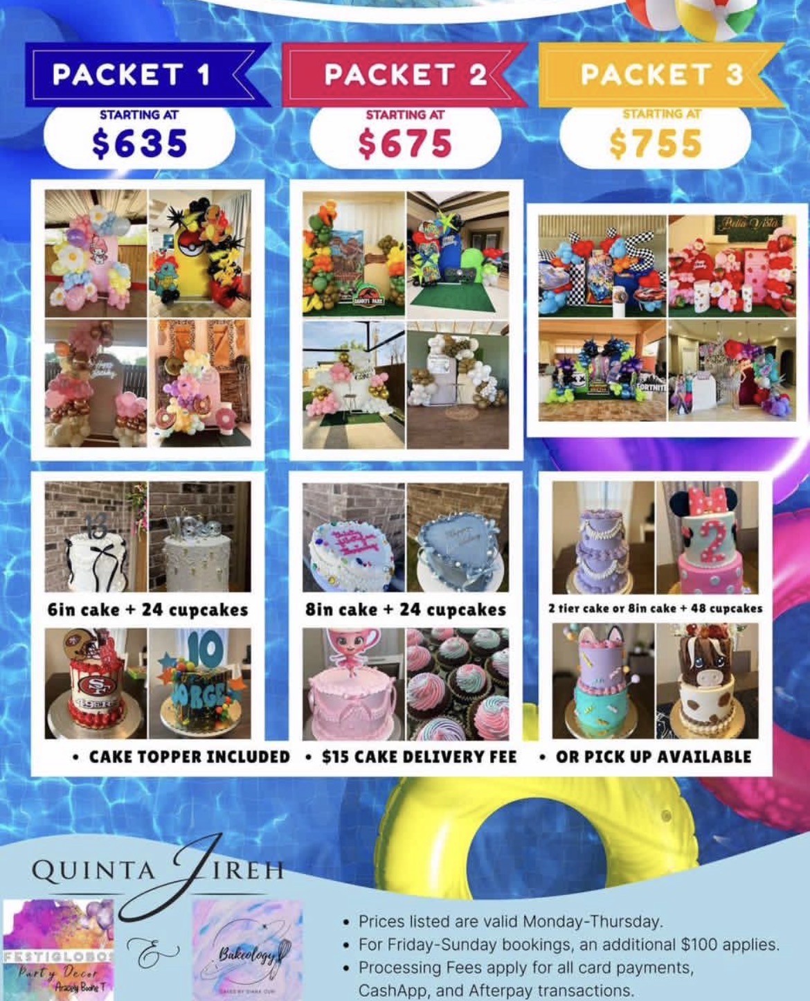 Quinta Jireh party packages with balloon décor and custom cakes