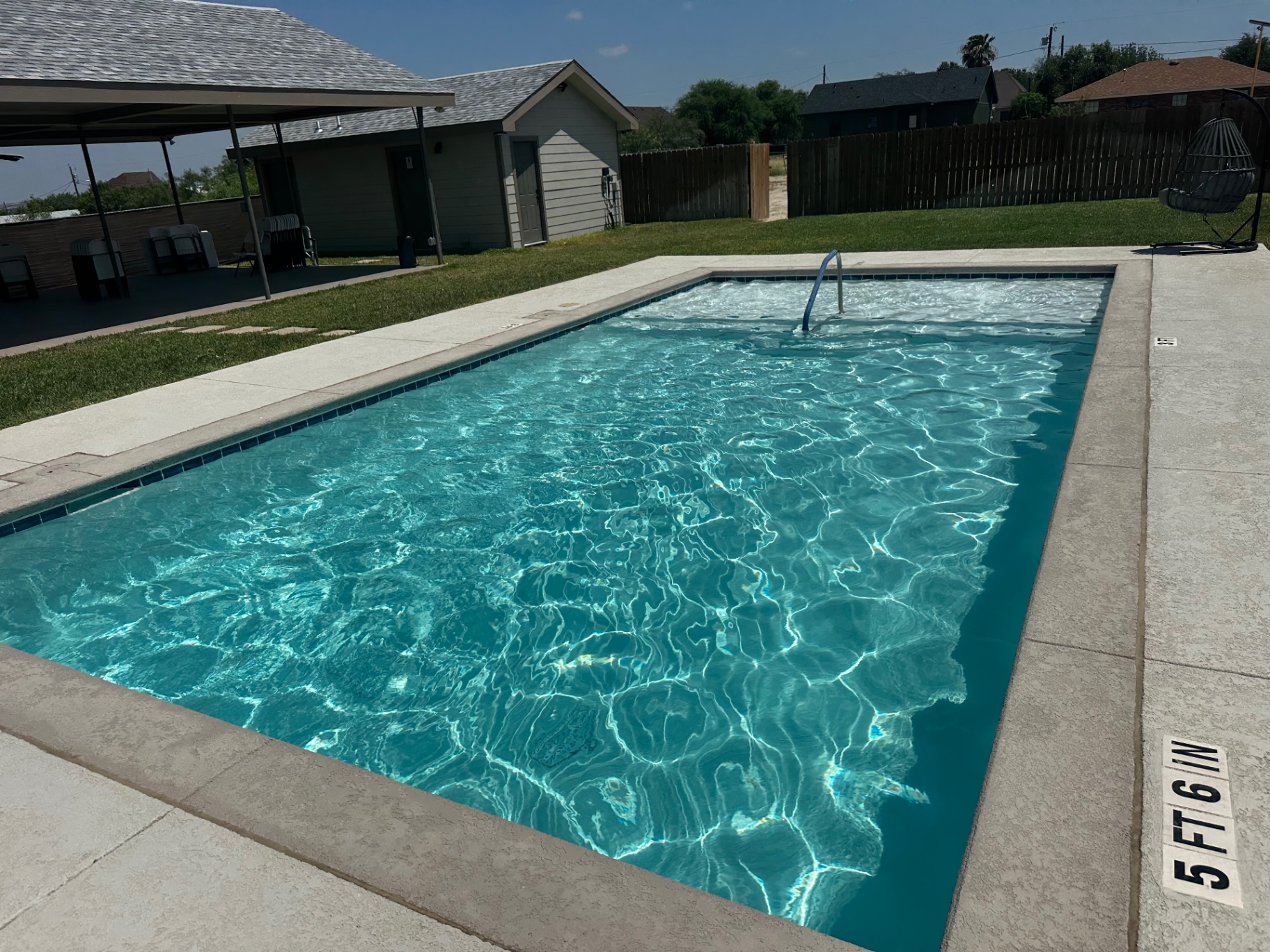 The Quinta Jireh pool and shaded pavilion in Eagle Pass, Texas